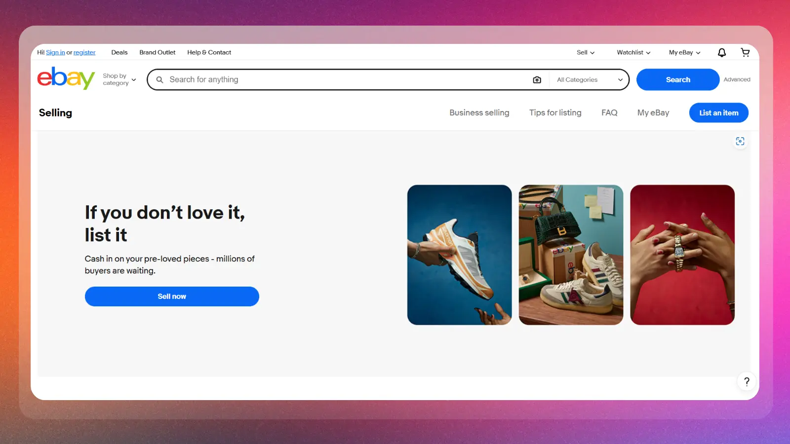 Página web de eBay que explica cómo vender artículos de segunda mano