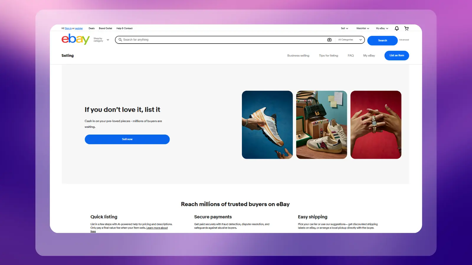 ebay website showing its selling platform for listing and selling products to buyers online