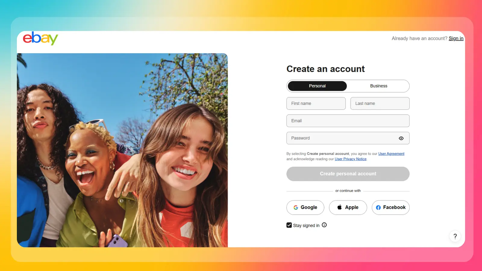 ebay website showing a personal account registration page
