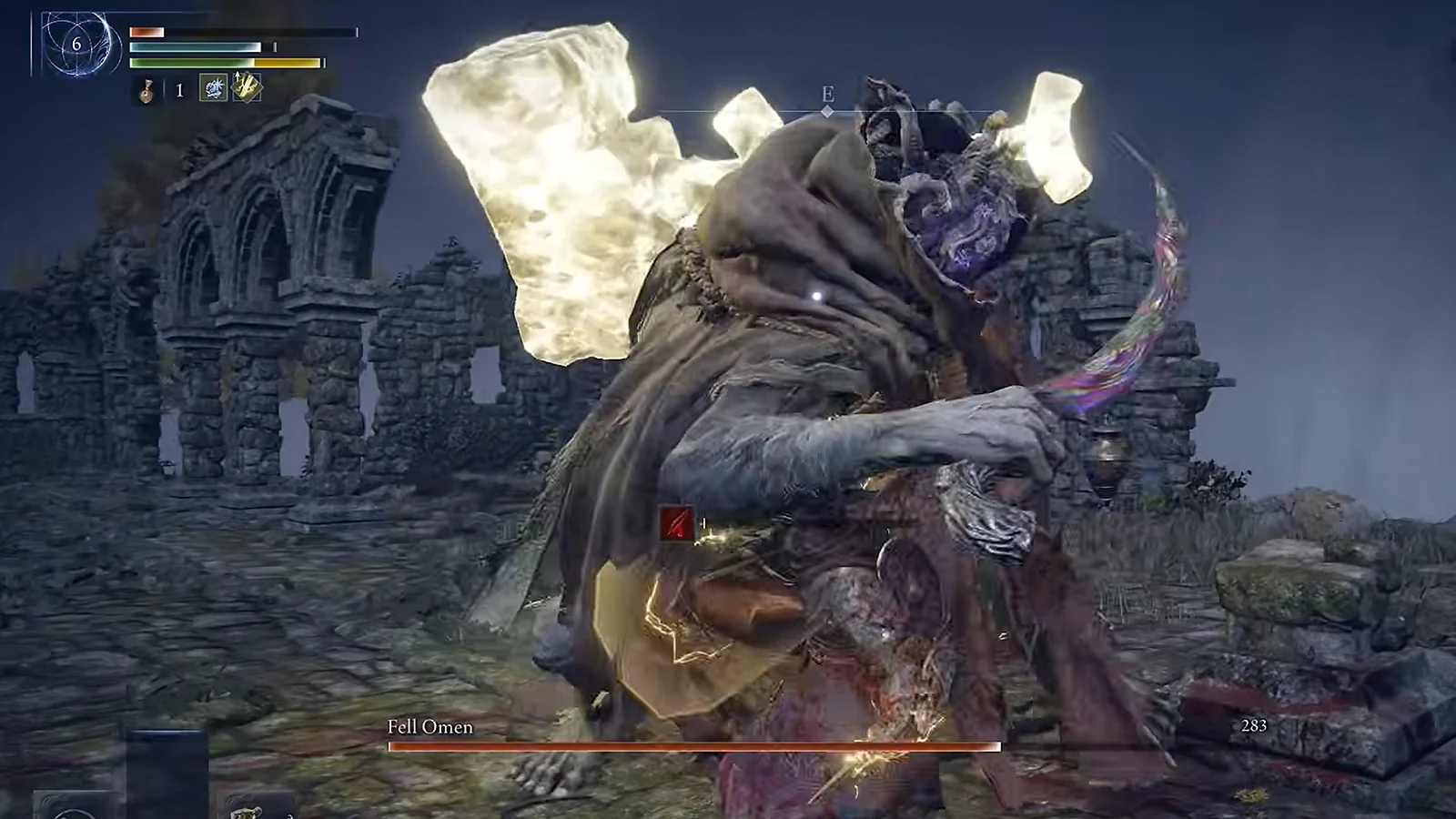 Elden Ring Nightreign gameplay showing a warrior fighting a large armored monster near ancient ruins.
