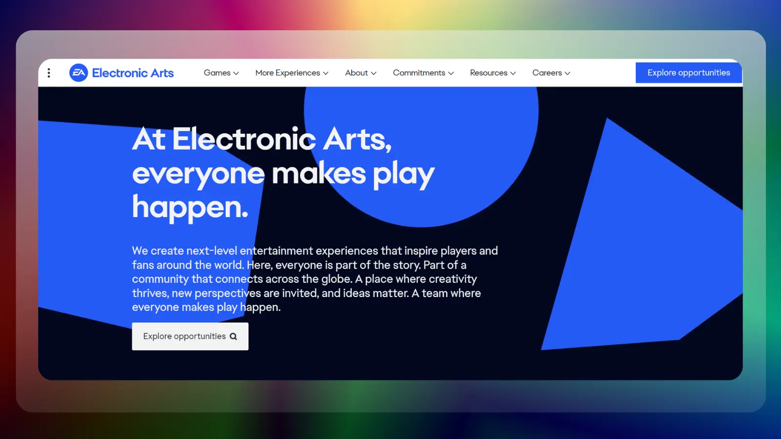 electronic arts website showing gaming careers and employment opportunities