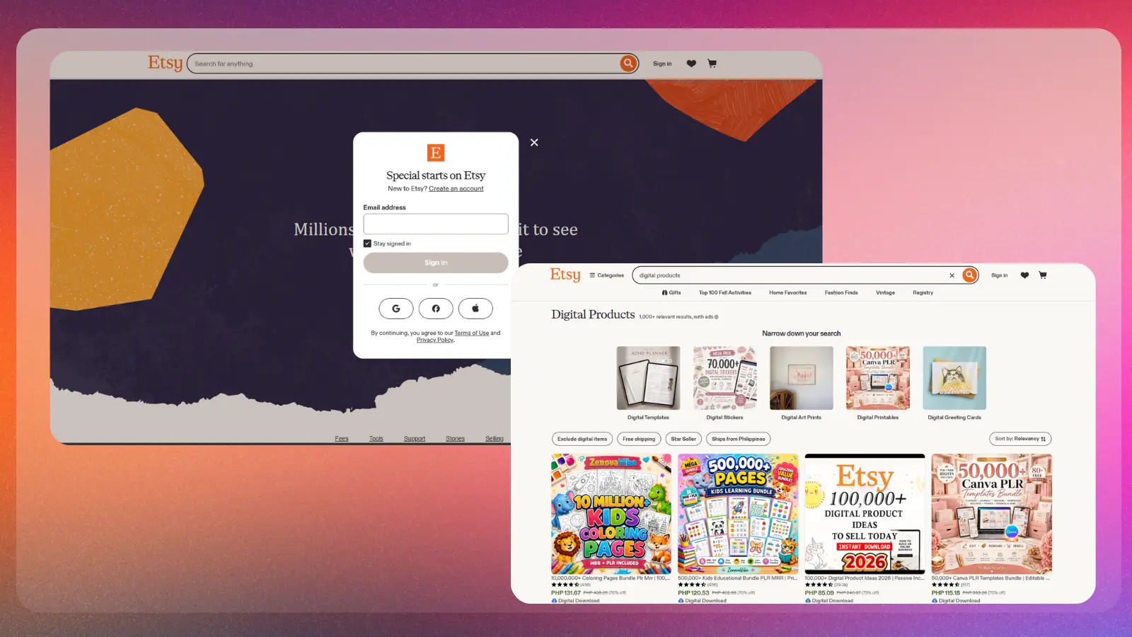 Página web de Etsy en la que se muestran productos digitales y anuncios en línea