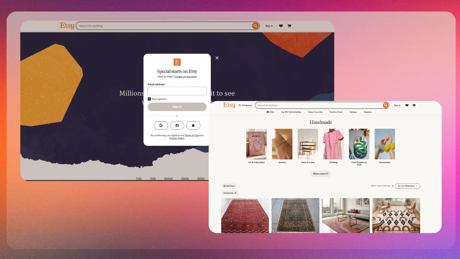 Página web de Etsy en la que se muestran productos hechos a mano y anuncios del mercado