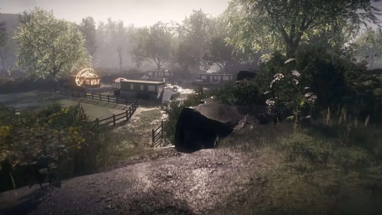 Everybody’s Gone to the Rapture gameplay showing a deserted rural road and abandoned vehicles.