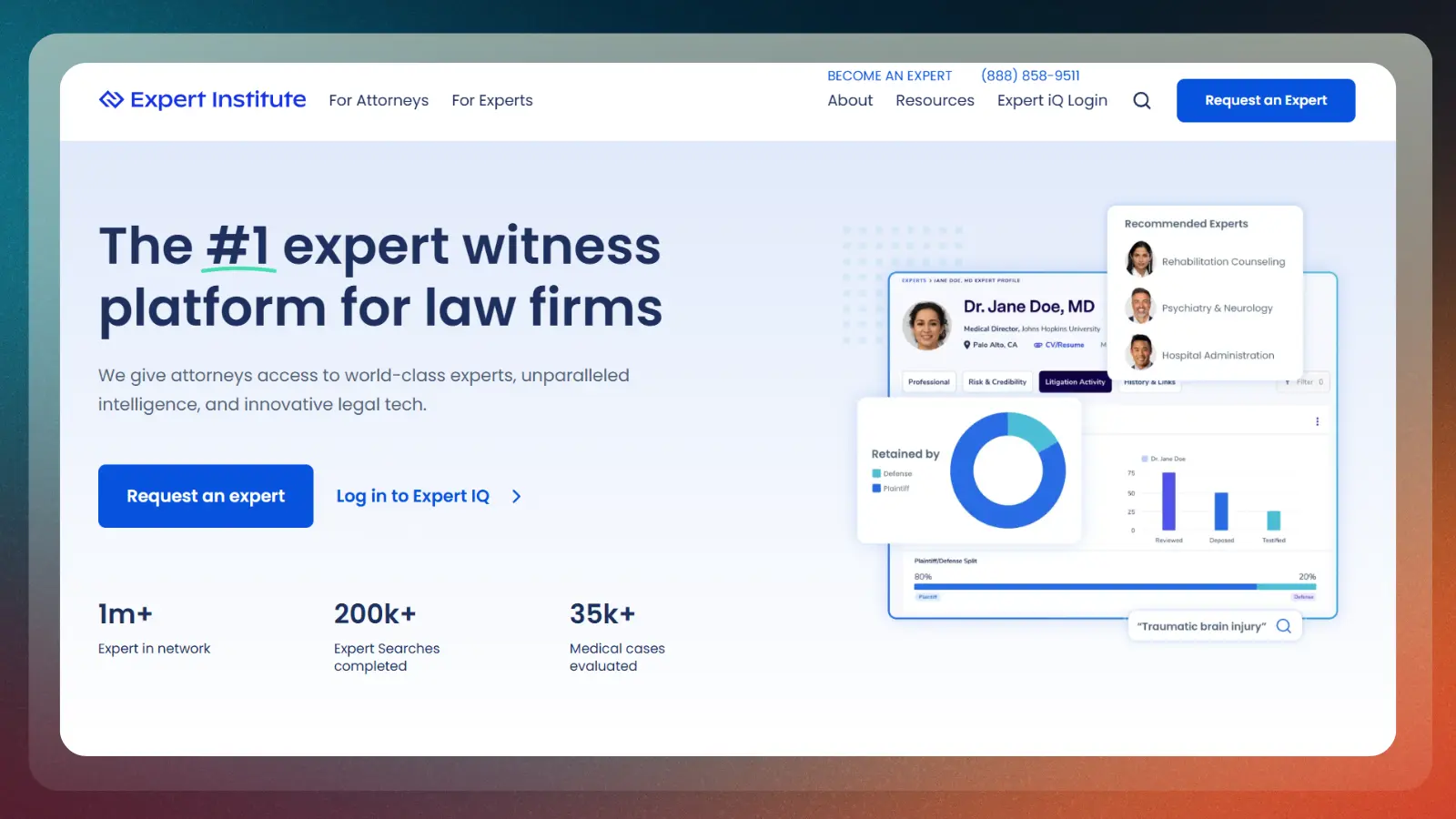 expert institute website showing an expert witness platform for law firms