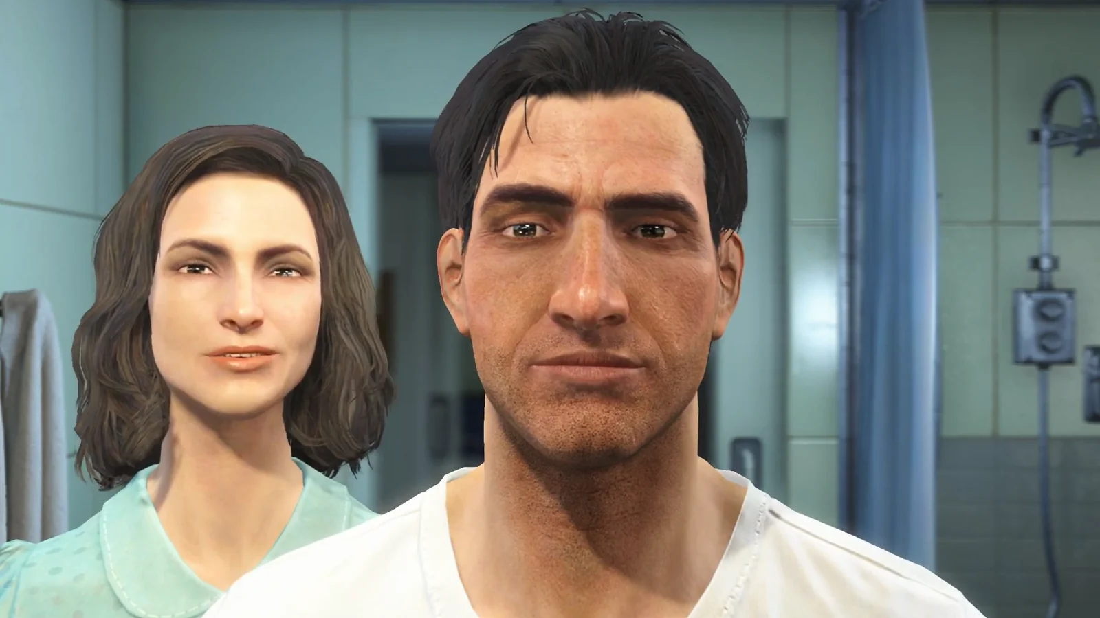 Fallout 4 dialogue scene featuring two characters inside a futuristic facility.