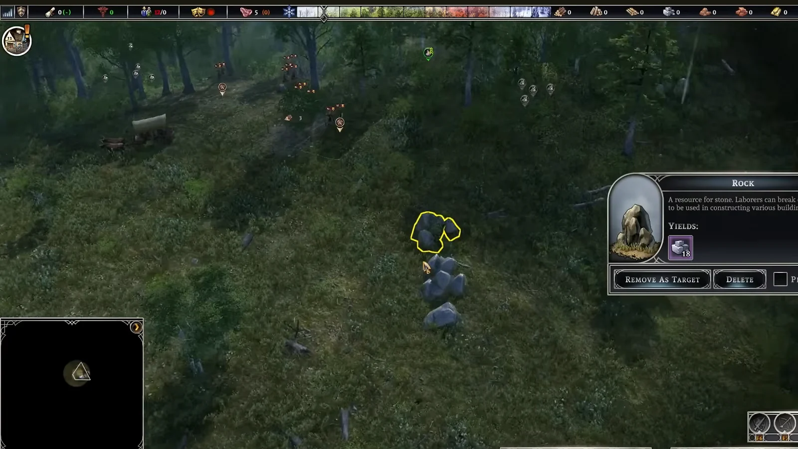 Farthest Frontier gameplay showing villagers gathering stone resources in a forest.