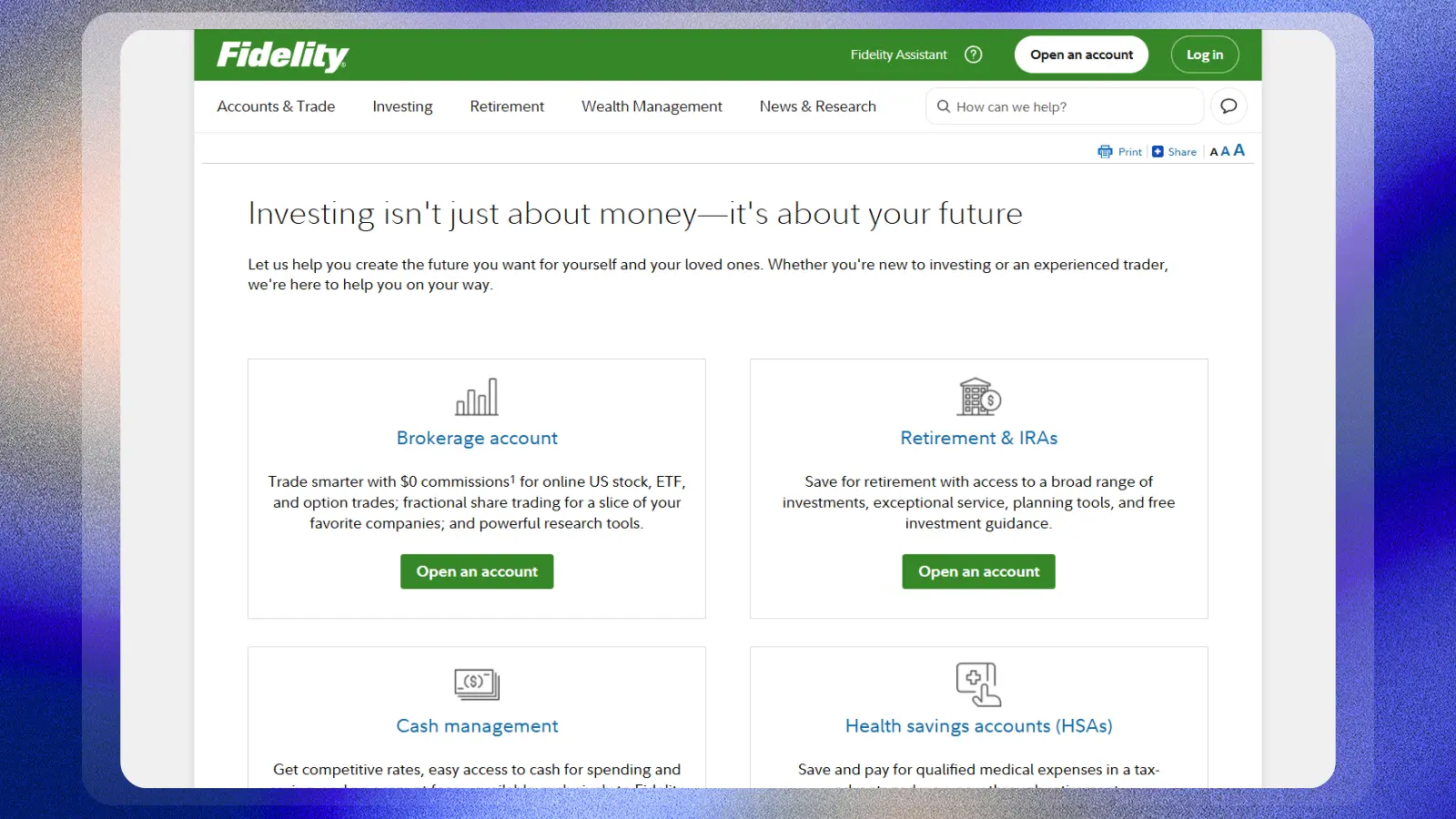 fidelity website showing brokerage retirement and cash management accounts