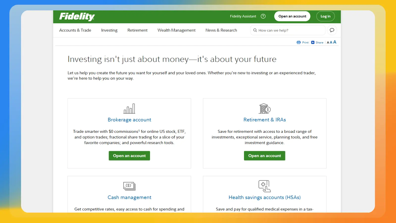 Página web de Fidelity en la que se muestran las cuentas de intermediación, de jubilación y de gestión de efectivo