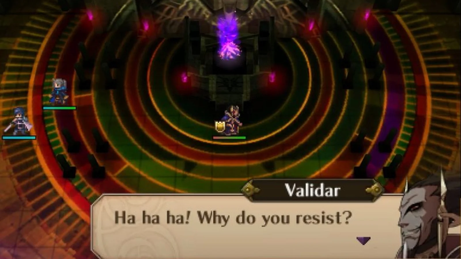 Fire Emblem gameplay showing a character dialogue box over a colorful fantasy interface.