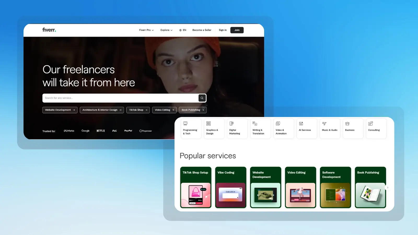 fiverr website showing freelance services categories and popular services
