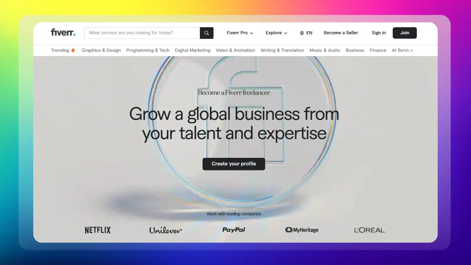 fiverr website showing freelance services and opportunities to become a seller
