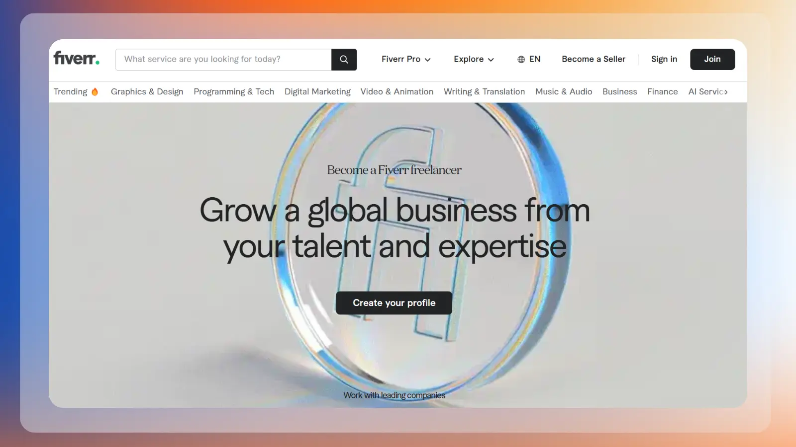 Página web de Fiverr para convertirse en autónomo y ofrecer servicios