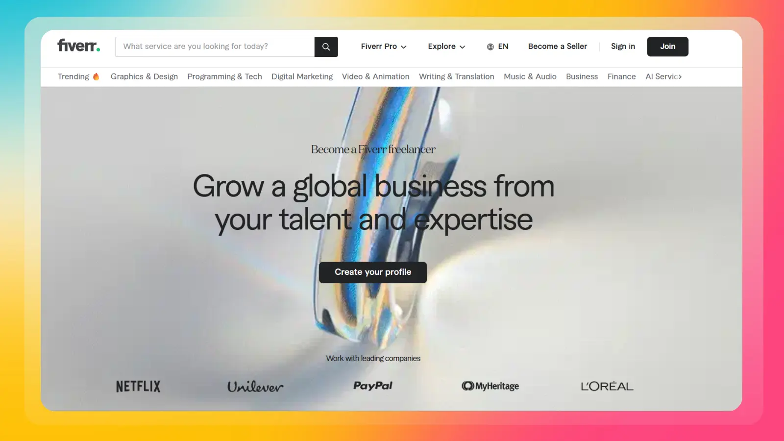 fiverr website showing freelance services and opportunities to become a freelancer