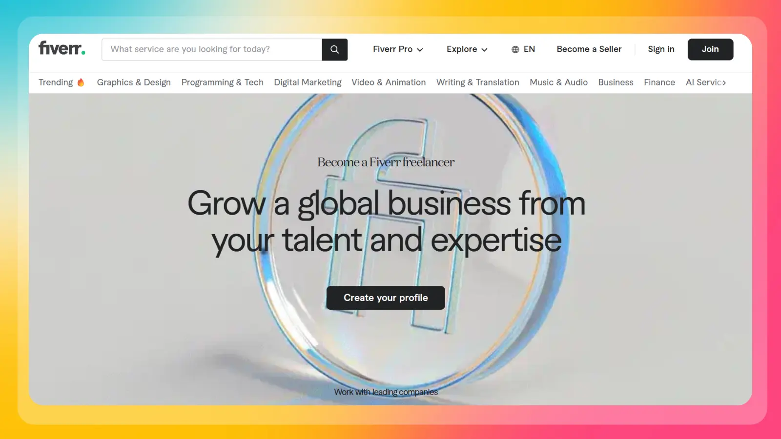 fiverr website showing freelance services and opportunities for sellers