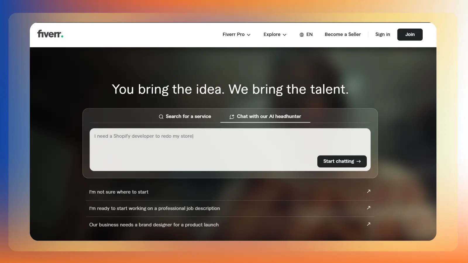 fiverr website showing freelance services and ai hiring tools