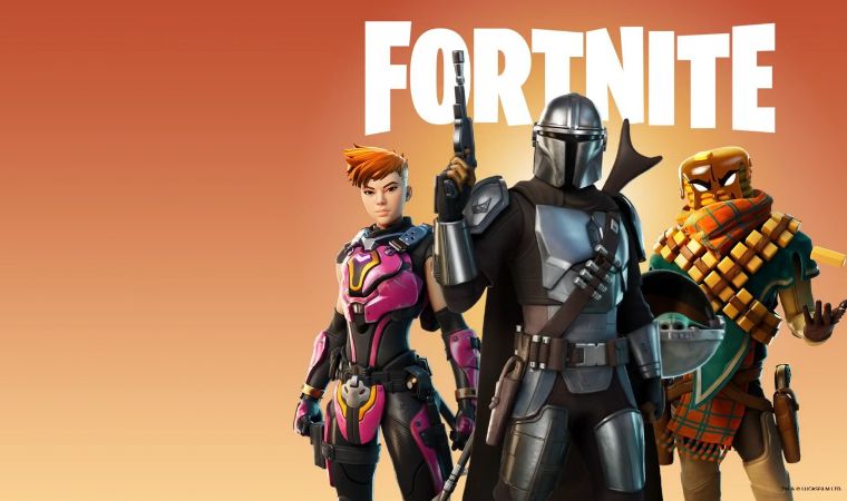 Fortnite artwork featuring Marvel characters alongside the Mandalorian.