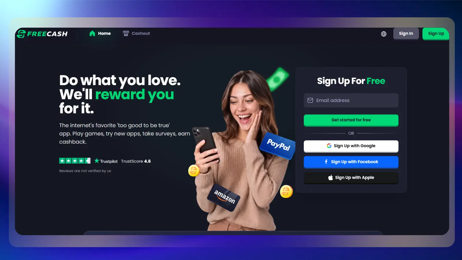Página web de freecash que muestra formas de ganar dinero a través de juegos, aplicaciones, encuestas y reembolsos
