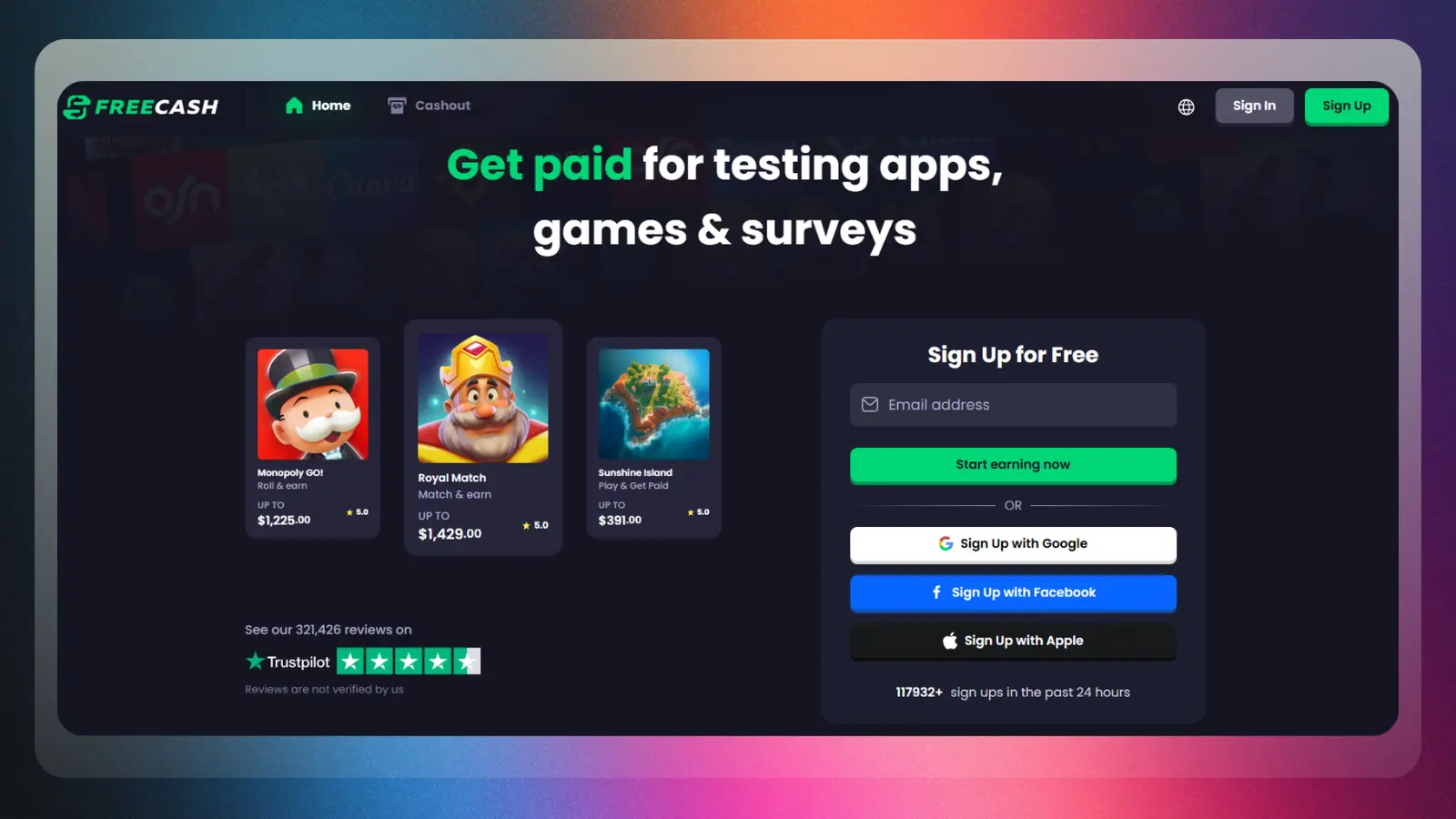 Freecash website homepage offering paid opportunities to test apps, games, and surveys