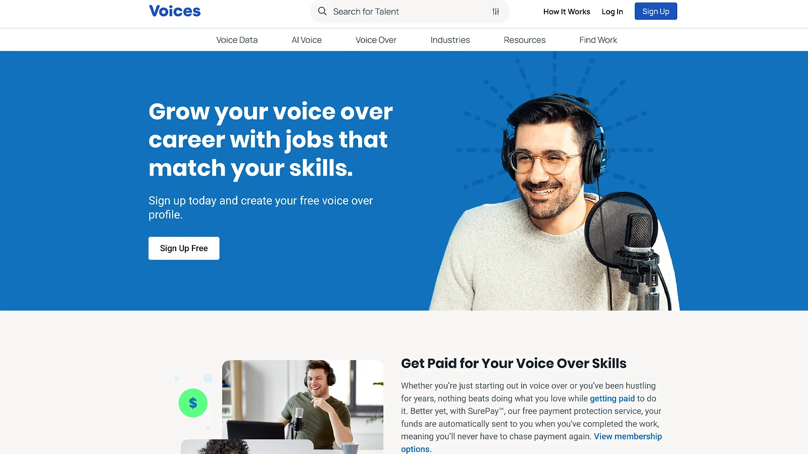 Voices platform homepage for freelance voice over and voice acting jobs