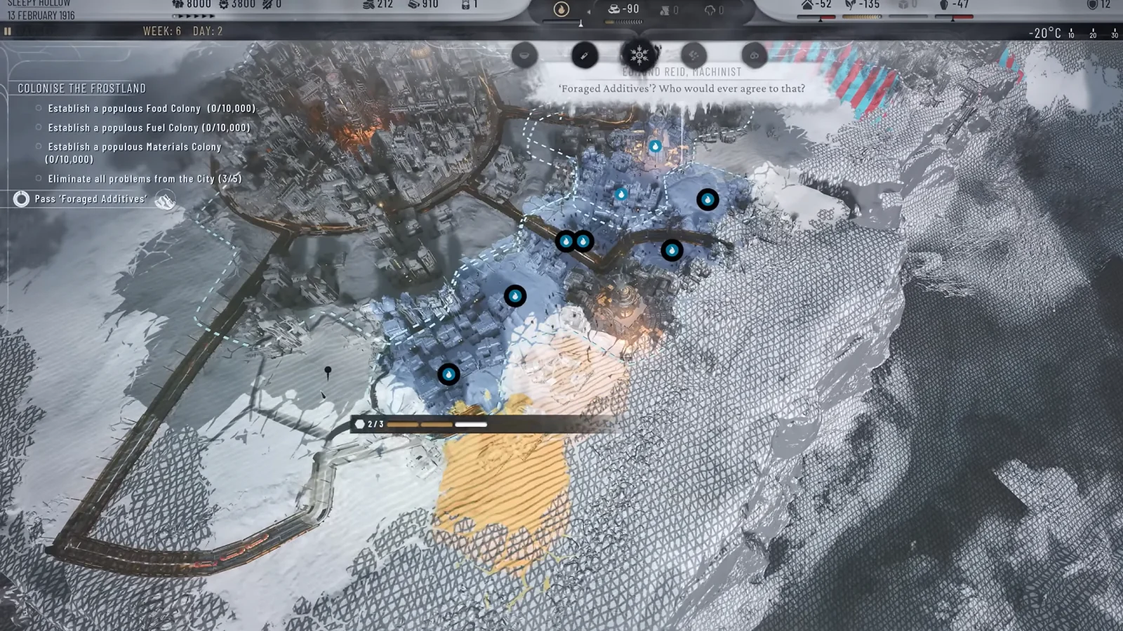 Frostpunk 2 gameplay showing the expansion of a city across a frozen landscape.