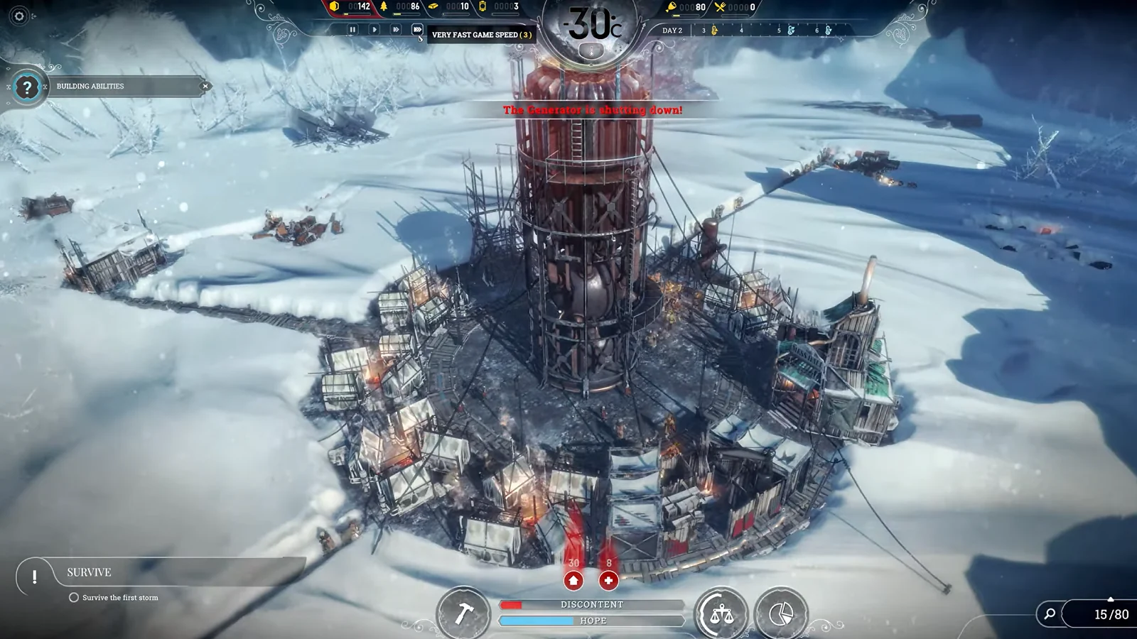 Frostpunk gameplay showing a snow-covered city built around a central generator.