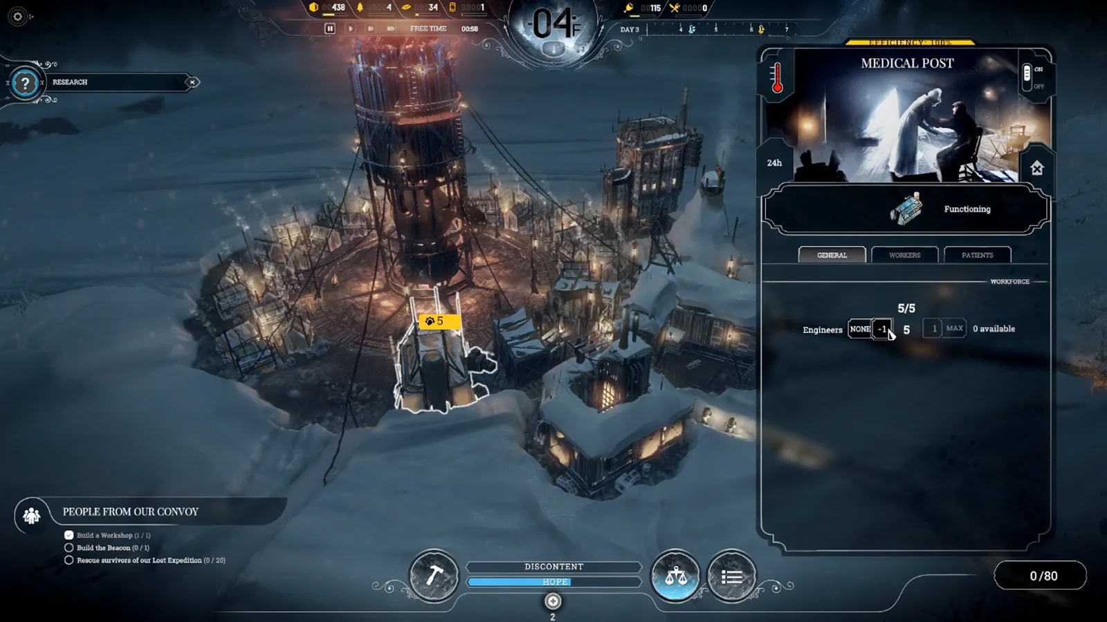 Frostpunk - O melhor jogo de sobrevivência em sociedade - Um enorme gerador de Steam rodeado por pequenos edifícios na neve, com o menu do Posto Médico aberto