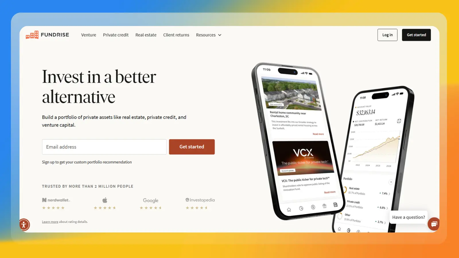 Página web de Fundrise, que ofrece inversiones alternativas en el sector inmobiliario, crédito privado y capital riesgo