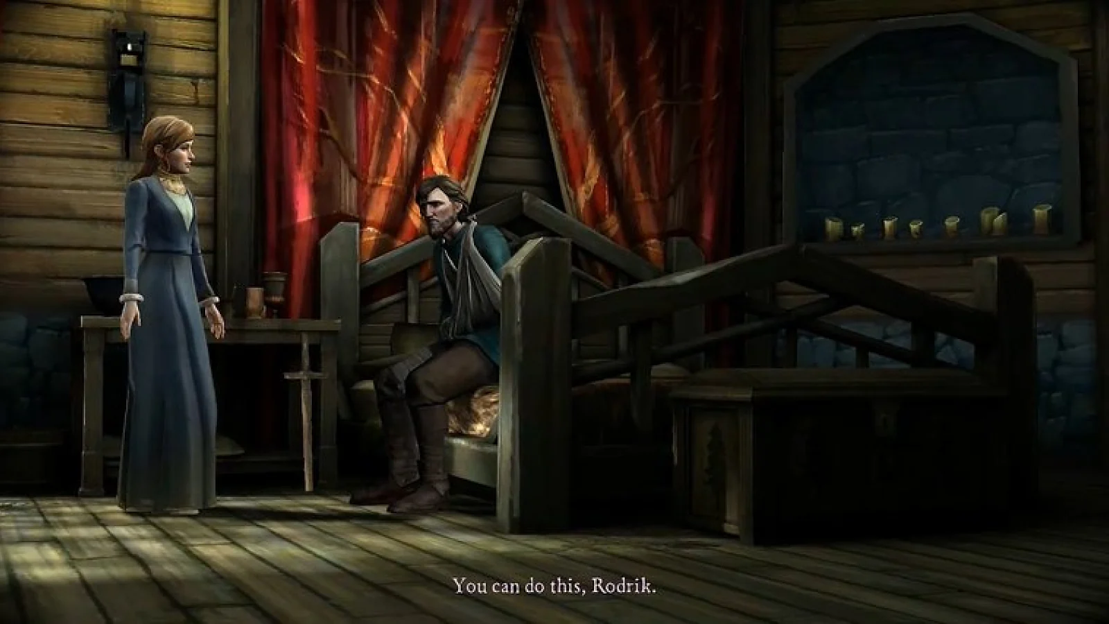 Game of Thrones gameplay showing characters talking inside a medieval castle