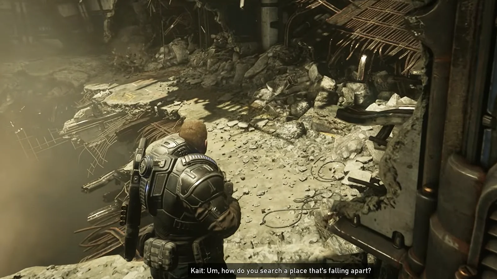 Gears 5 gameplay showing an armored soldier exploring a ruined environment.
