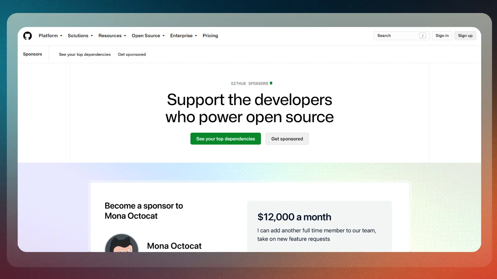 github sponsors website showing ways to support developers through sponsorships