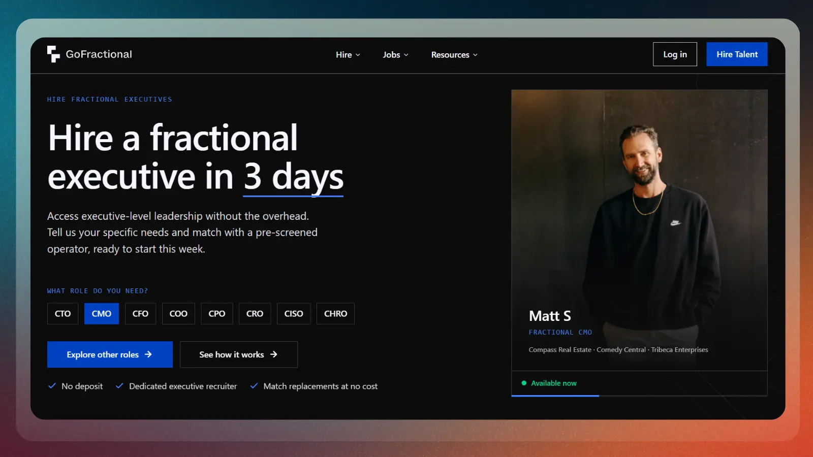 gofractional website showing fractional executive opportunities and available roles
