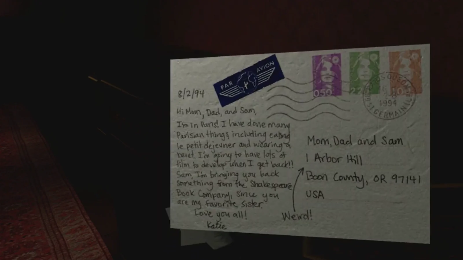 Gone Home gameplay showing a handwritten note on a desk