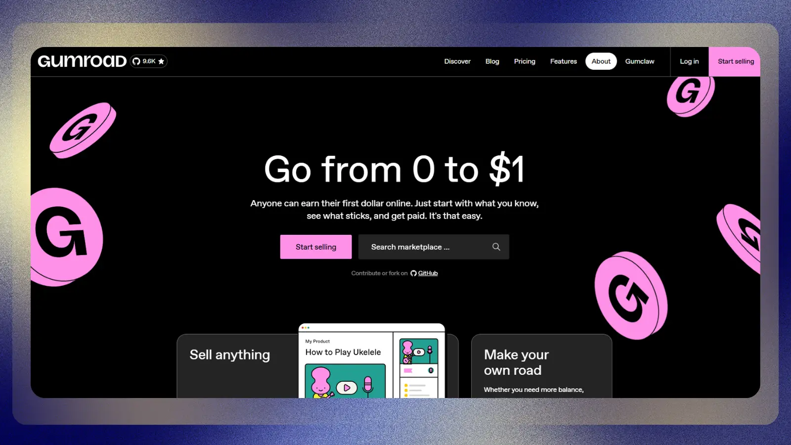 Página web de Gumroad, que ofrece una plataforma para vender productos por Internet