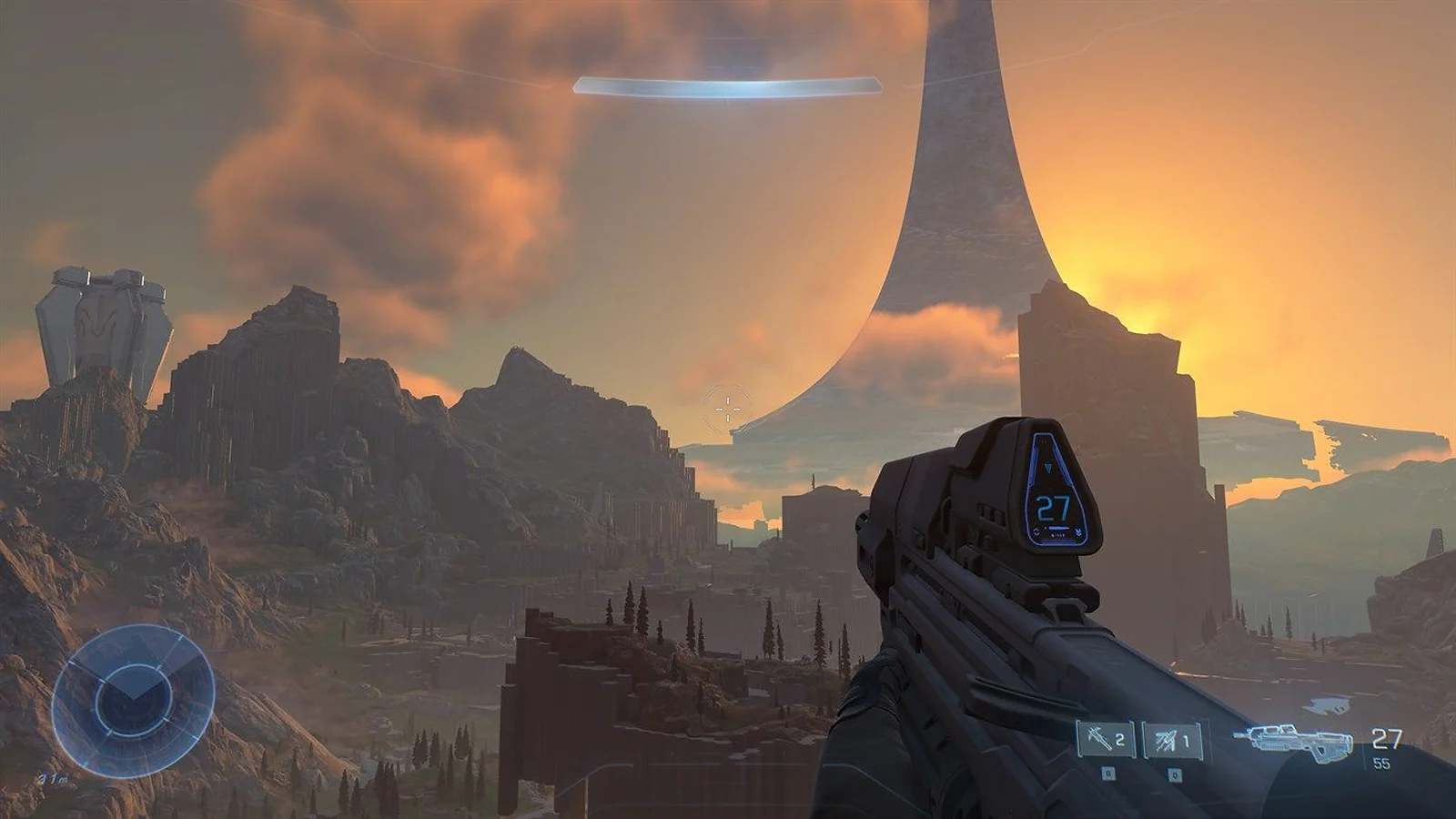 Halo Infinite gameplay showing a futuristic weapon aimed across an alien landscape