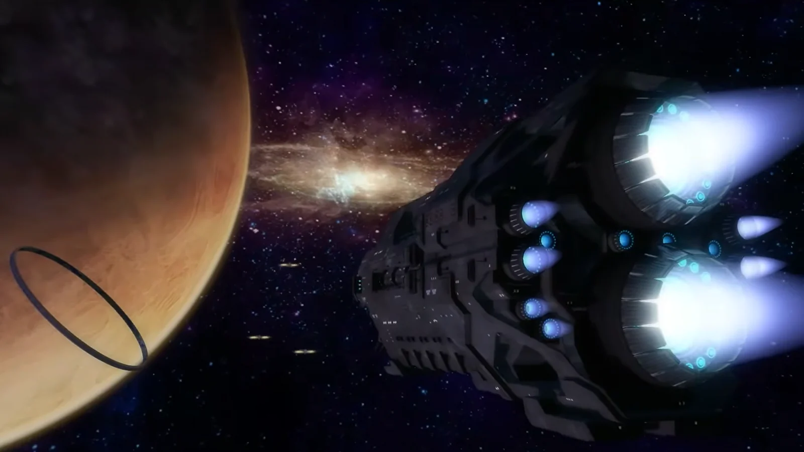 Halo gameplay showing a spacecraft flying through space near a planet.