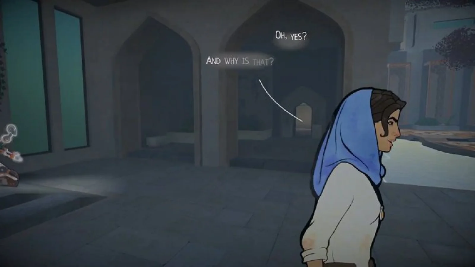 Heaven’s Vault gameplay showing an archaeologist exploring an ancient interior