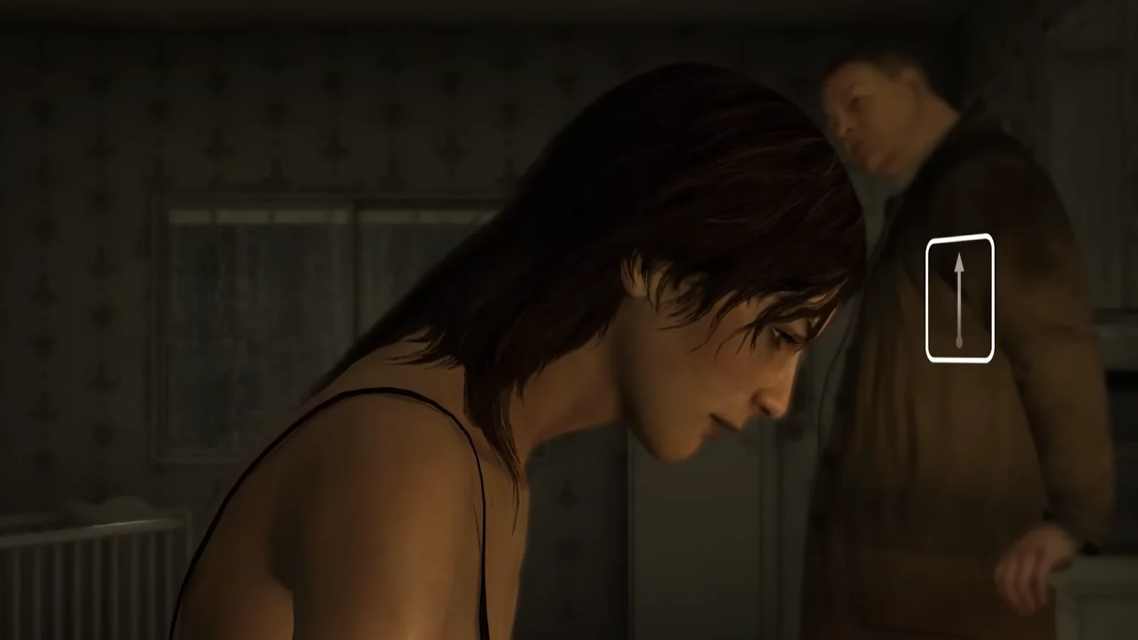 Heavy Rain gameplay showing a woman investigating a dark interior.