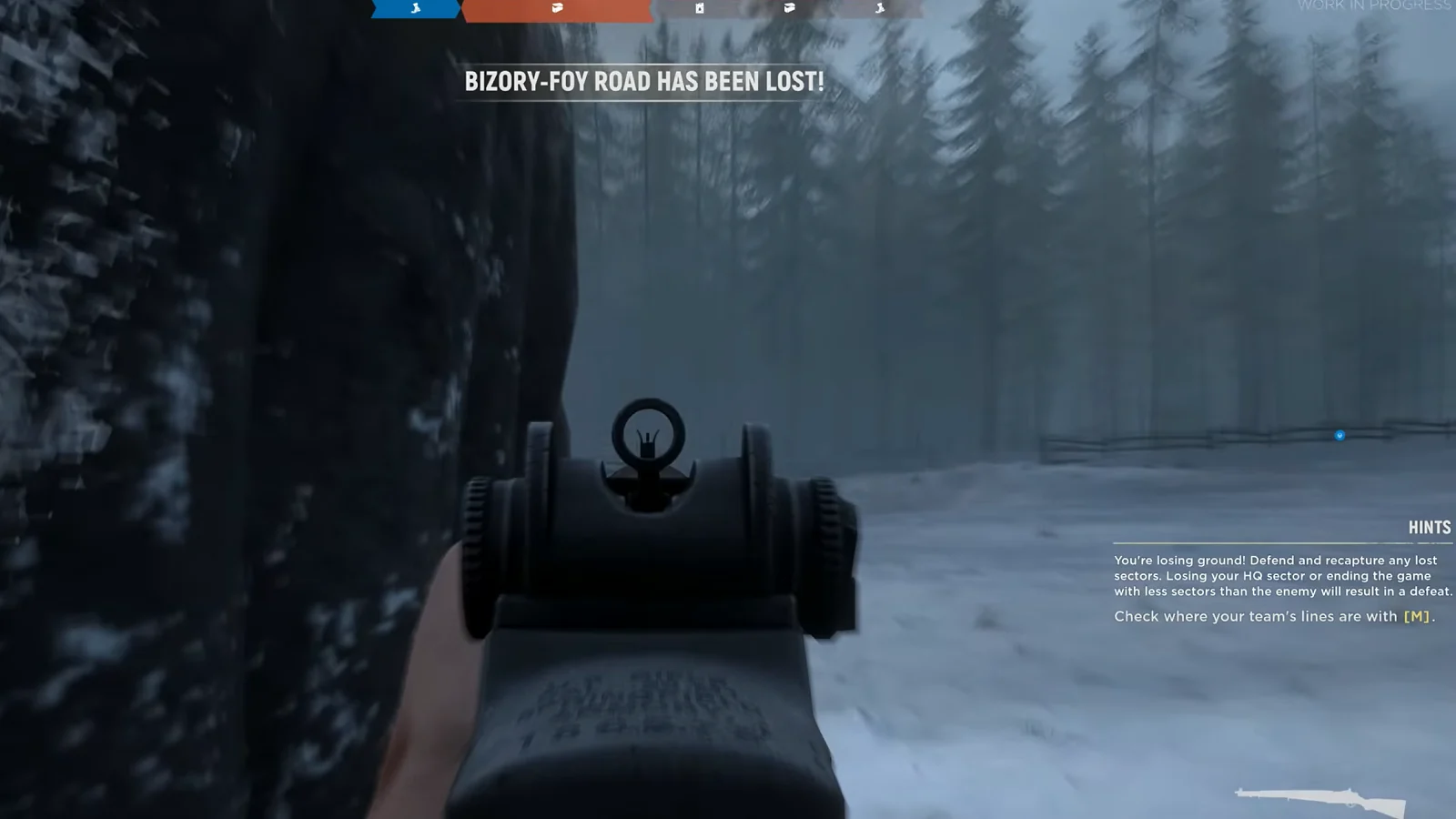 First-person view of a soldier aiming a rifle through a dark, misty forest.