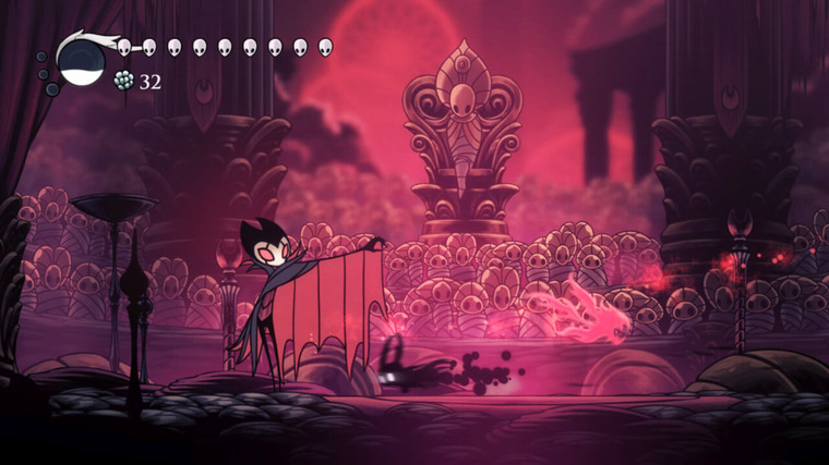 O jogador enfrenta o Grimm, um chefe do Hollow Knight.