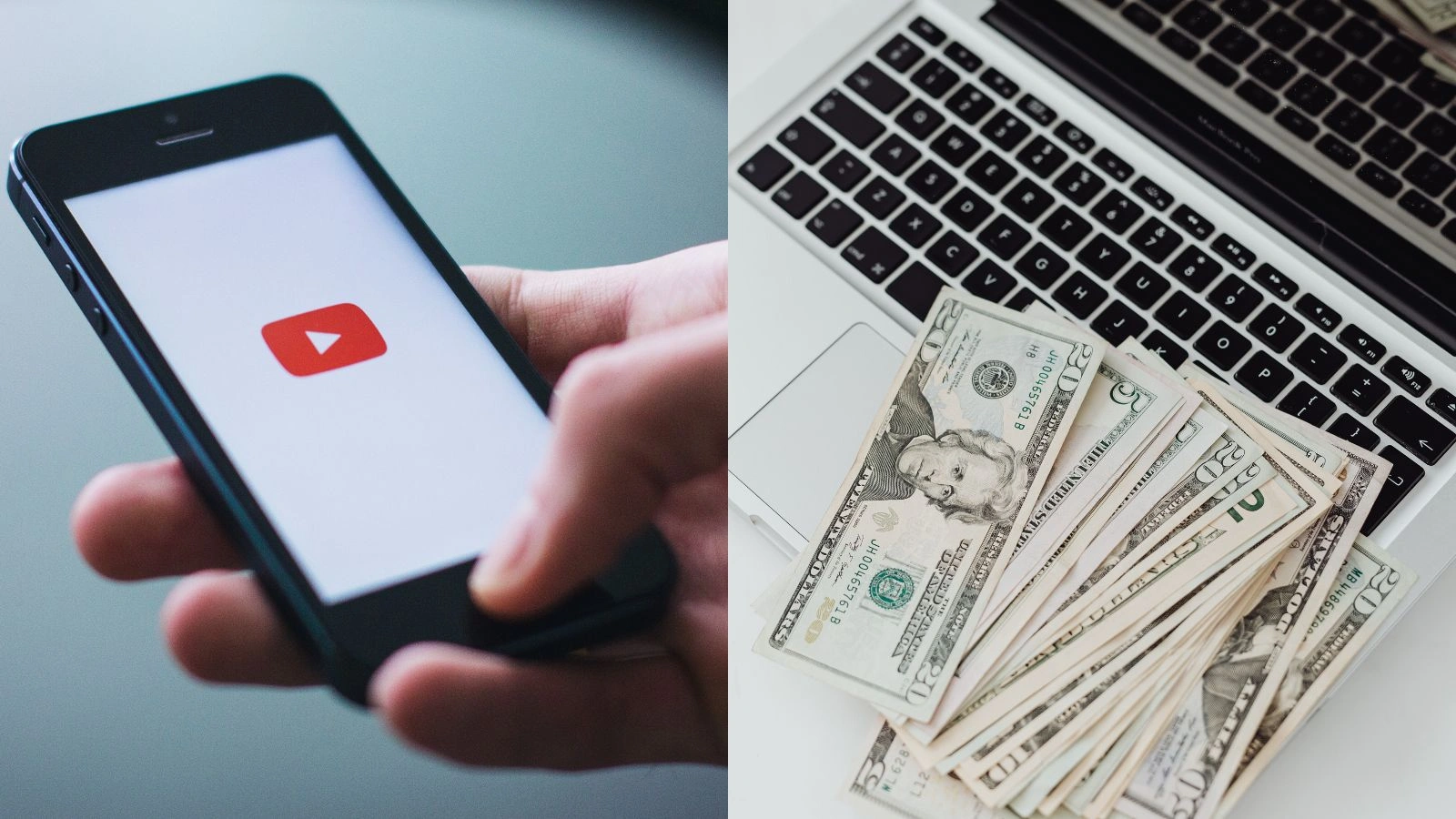A la izquierda: el logotipo de YouTube en la pantalla de un teléfono móvil; a la derecha: un ordenador portátil con algo de dinero en efectivo sobre el teclado