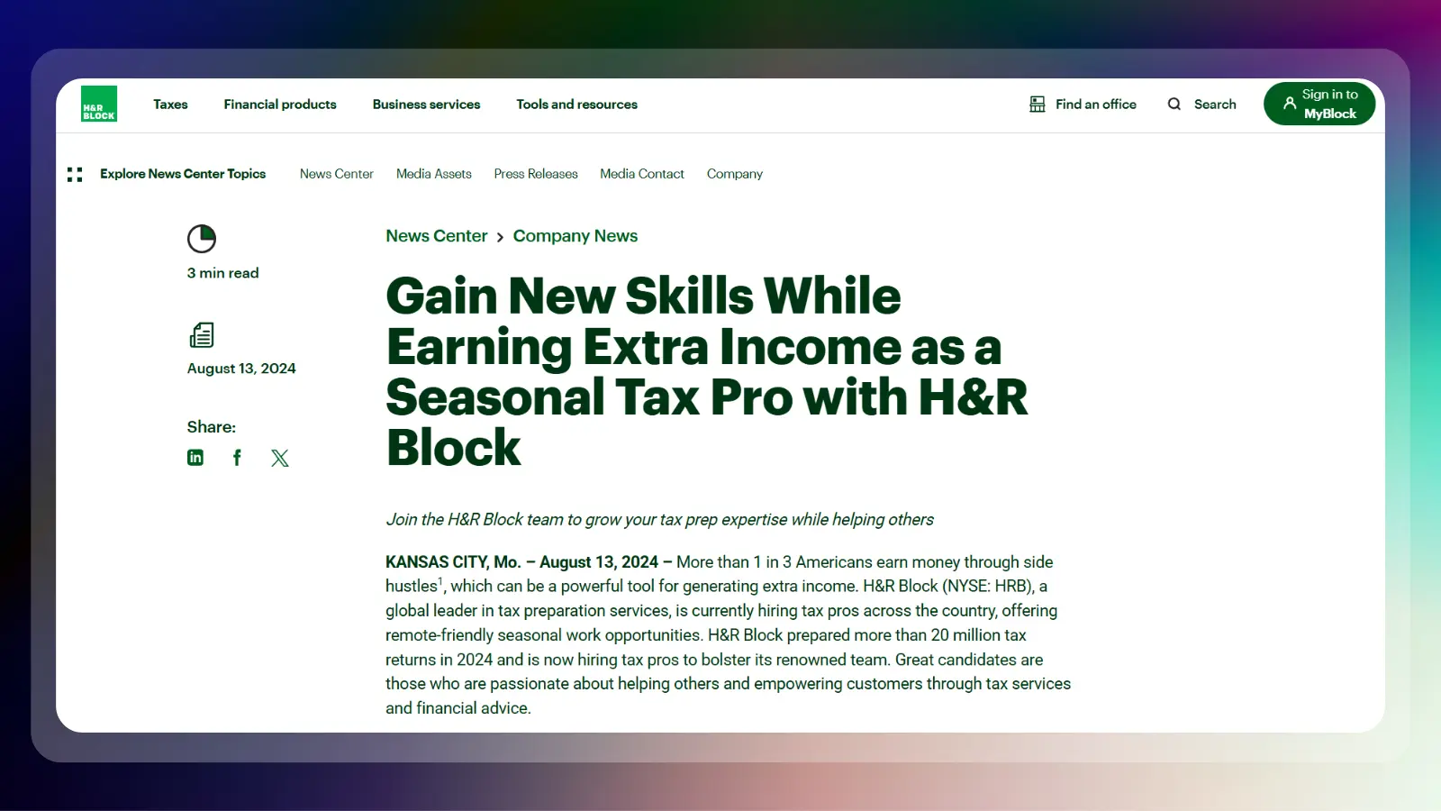 hr block website showing seasonal tax preparation work opportunities