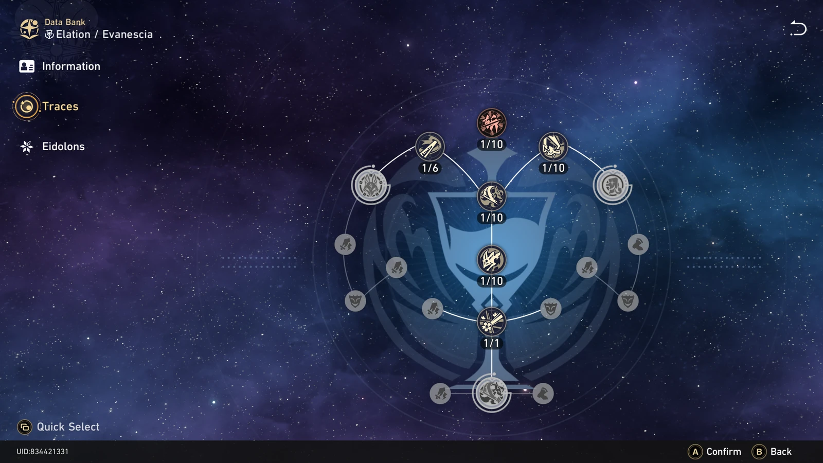 Evanescia's Trace tree in Honkai Star Rail, showing her Basic ATK, Skill, Talent and Ultimate nodes