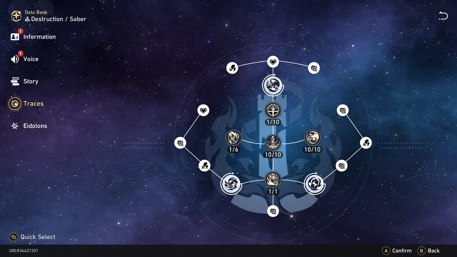Saber's Trace tree in Honkai Star Rail, showing her Basic ATK, Skill, Ultimate and Talent nodes