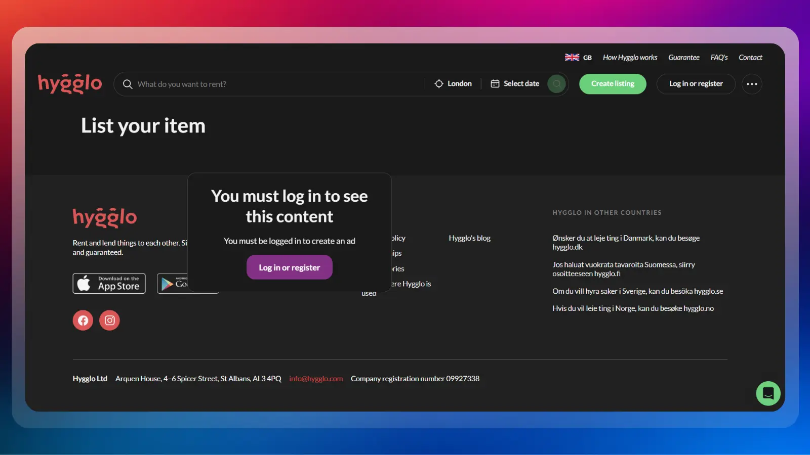 Hygglo website showing an option to list items for rent