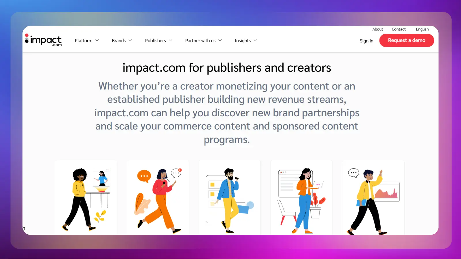 Página web de Impact que muestra la monetización de los creadores y las colaboraciones con marcas