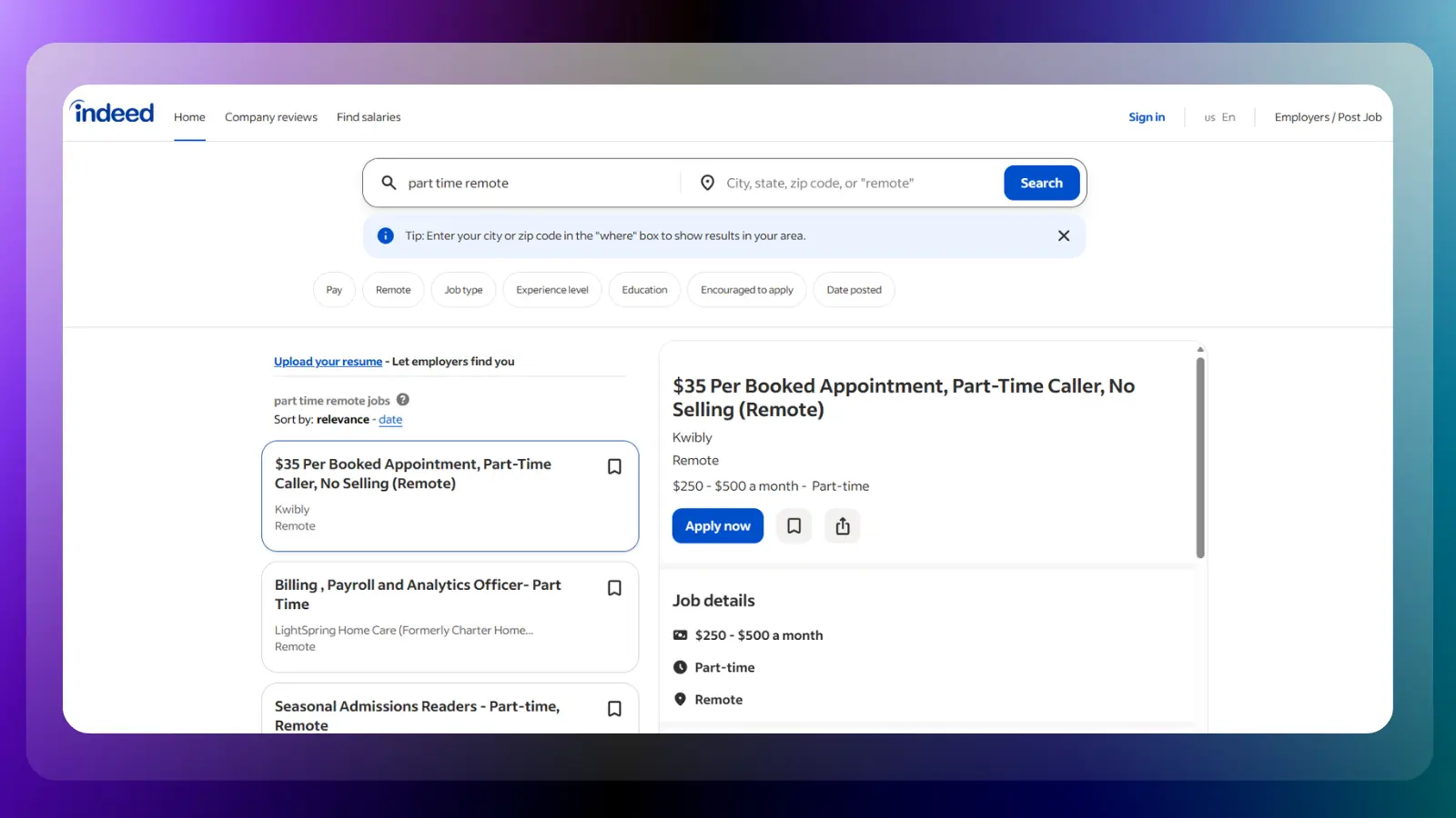 indeed website showing part time remote job listings