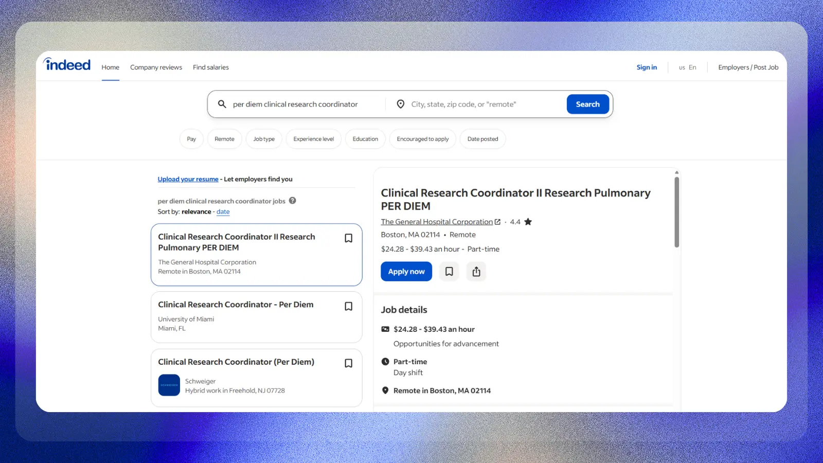 indeed website showing per diem clinical research coordinator jobs