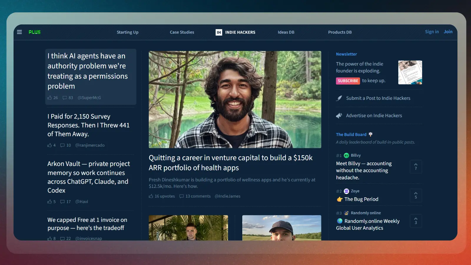indie hackers website showing startup stories and founder community content