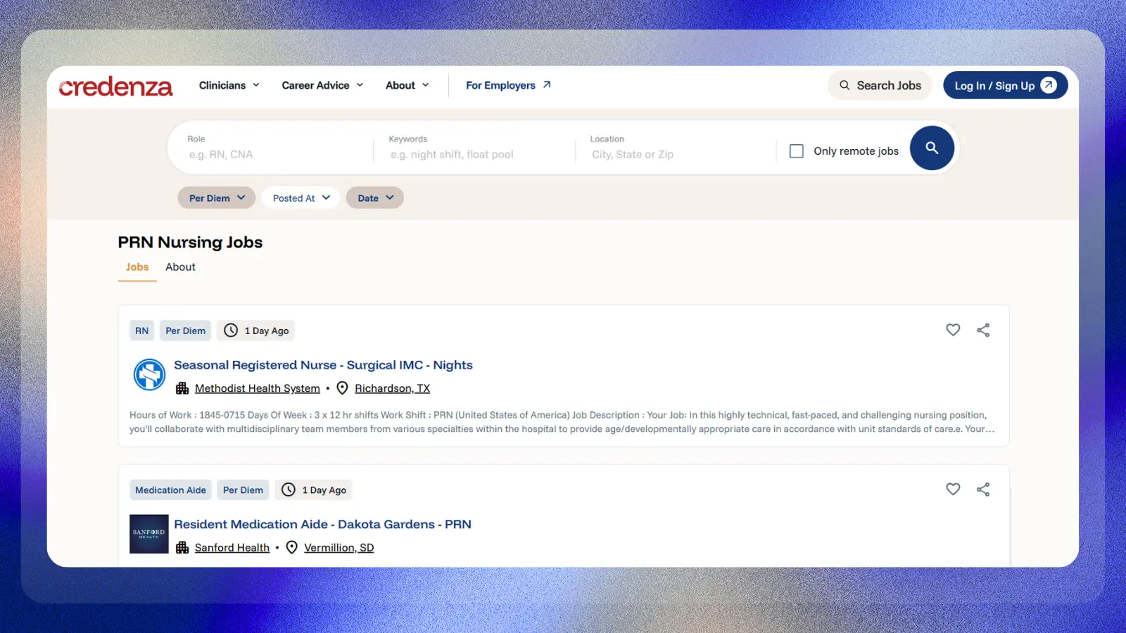 intelycare website showing per diem nursing jobs and flexible work opportunities